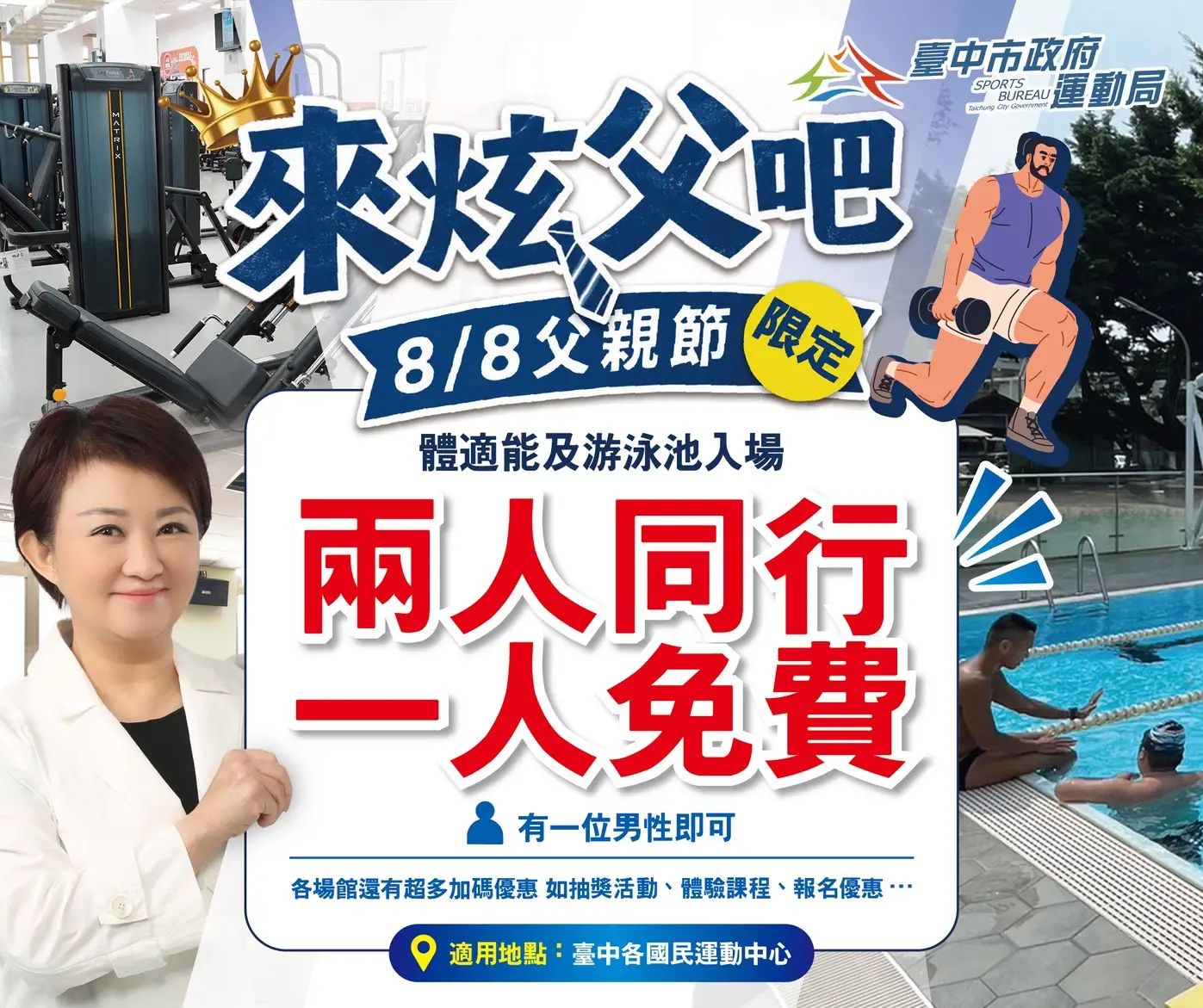 父親節揪爸爸動起來！台中國運中心8/8兩人同行一人免費