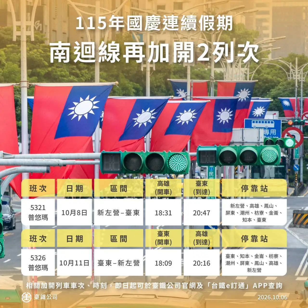 臺鐵115年國慶連假南迴線加開2列次 7日凌晨同步開搶